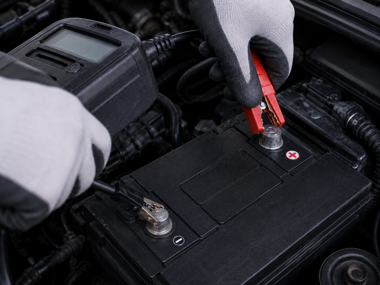 Batteritester kobles til pluss-polen på et bilbatteri under panseret