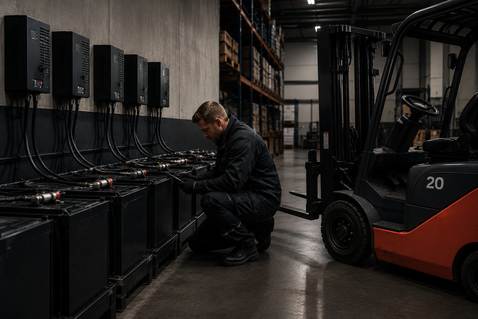 Truckbatterier og ladestasjon i et industrilager