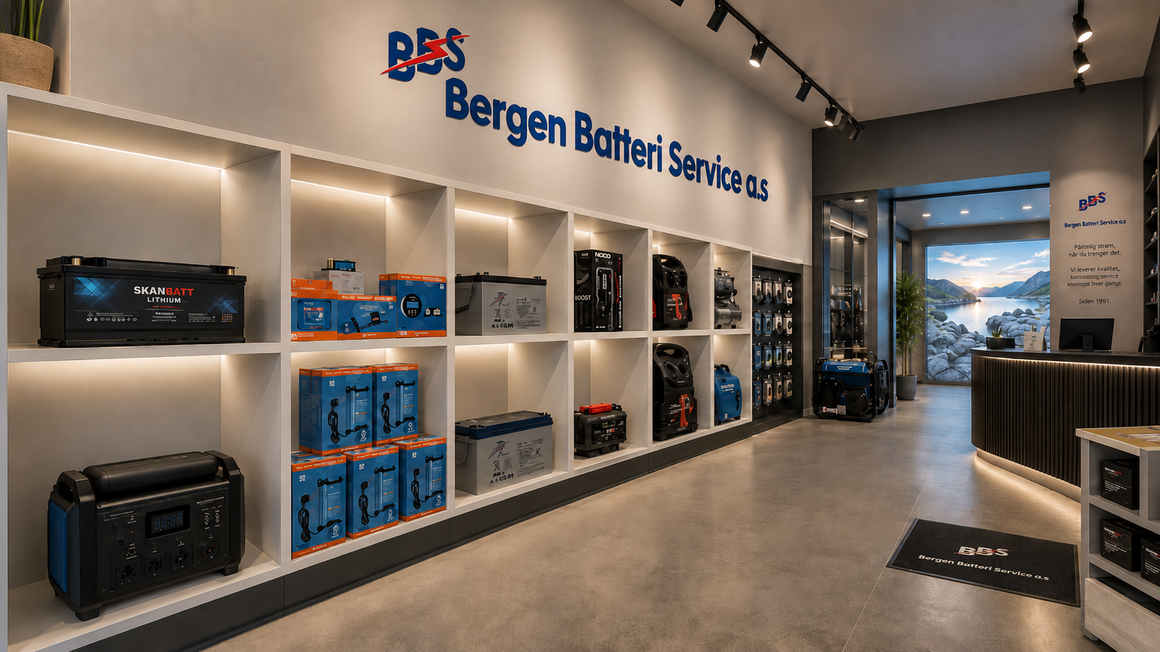 Butikklokalet hos Bergen Batteri Service med hyller fulle av bilbatterier og ladere